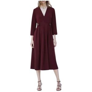 Zara Midi Flowing Dress Burgundy Bordeaux Holiday Classic Button Detail Size Sm